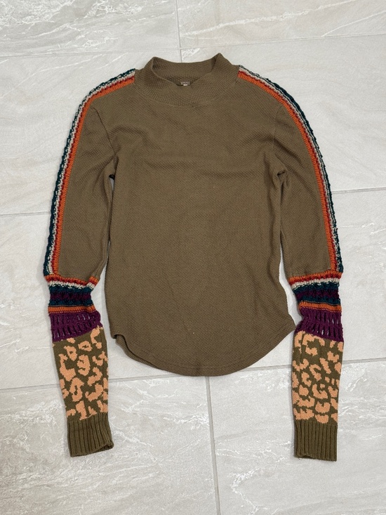 Free People Tops - Free People XS Waffle Knit Thermal Top Crochet Leopard Sleeve Boho Y2K